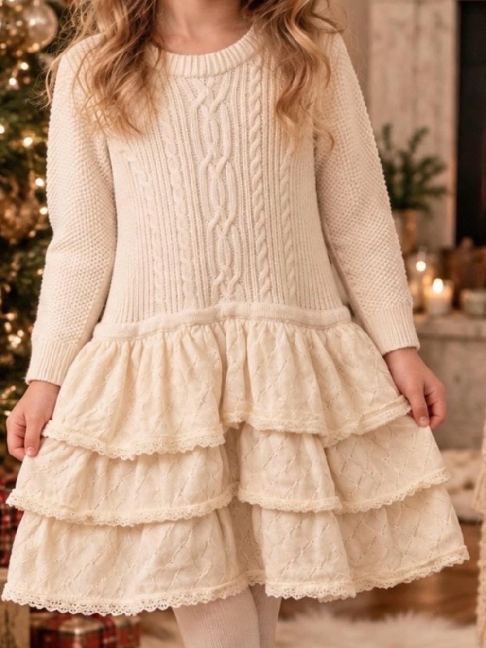 Hanna Andersson Nordic Cable Tiered Sweater Dress Merino Wool Cream 110 / 5